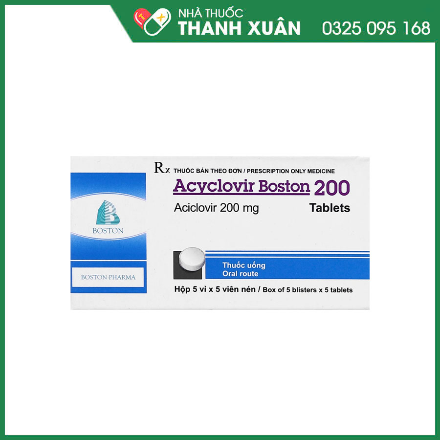 Acyclovir Boston 200 thuốc điều trị khởi đầu và phòng tái nhiễm virus Herpes simplex, trị zona, thủy đậu